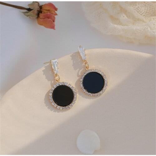 2021 Korean Fashion Round Black Enamel Dangle Earring for Women Gold Plated Rhinestone Earring Charm Women Wedding Jewelry Gift