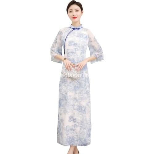 2021 cheongsam ao dai vietnam style elegant lady satin dress retro mandarin collar flower print aodai dress chinese dress qipao