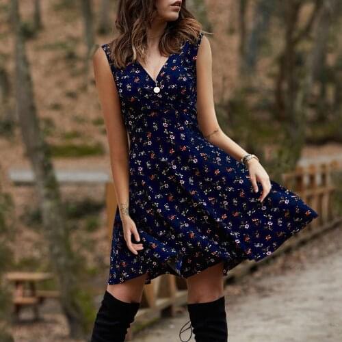 4# Bohemian Flowers Print Summer Dress 2021 Womens Casual Sleeveless V-neck All-match Dress England style Dresses For Women