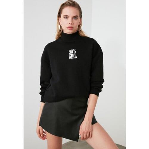 Black Embroidered Basic Knitted Oversized Fleece Sweatshirt Oversized Streetwear Vintage Hoodies Autumn Long Sleeve Tops