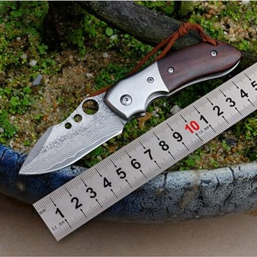 Damascus folding blade knife wood handle pocket knives outdoor hunting survival tactical camping gift rescue EDC tools knife