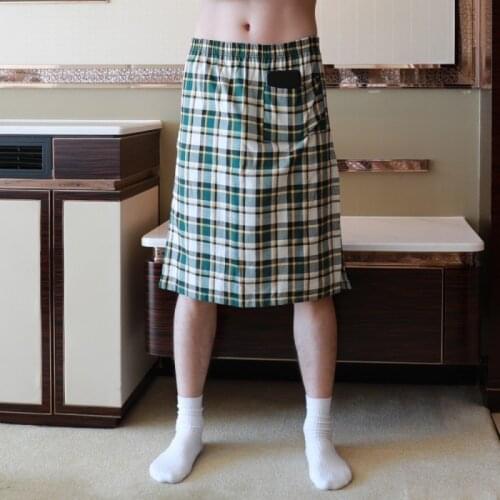 Cotton Men Pajamas Sleep Bottoms Man Plaid Short Pants Bathrobe Culottes Male Side Split Sleep Bottoms Pocket Dress Nightdress