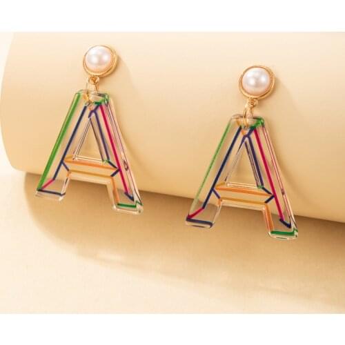HuangTang New Design Colorful Transparent Acrylic Letter A Drop Dangle Earrings for Women Girls Pearl Earrings Charming Jewelry