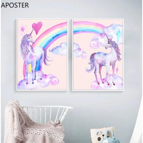 Canvas Painting Rainbow Unicorn Posters And Prints Watercolor Pegasus Wall Art Decorative Picture Nordic Style Kids Decoration