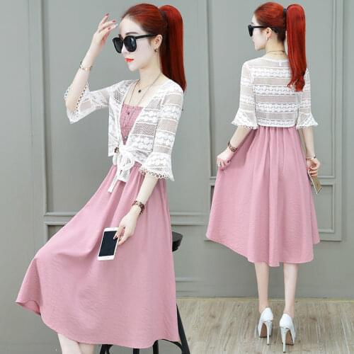 Two Pieces Suit Women 2021 Summer V-neck Lace Shirt and Spaghetti Strap Dress Set Female 2 Piece Sets Womens Outfits Y541