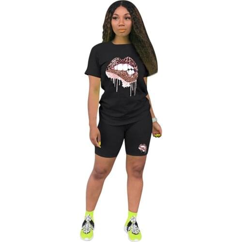 Short Sets Women Clothing Summer 2021 Leopard Lips Printed T-Shirts Tops Shorts Two Piece Set Casual Sport Womens Loungewear Set