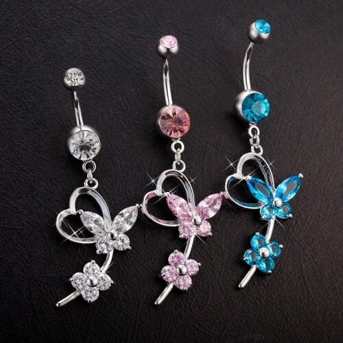 Sweet Crystal Butterfly Flower Belly Button Rings for Women Fashion Stainless Steel Body Piercing Jewelry Accessories