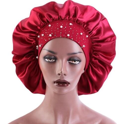 2021New Womens Satin Rhinestone With pearls Sleeping Hat Soft Night Sleep Cap Headband Muslim Hijab Head Cover Bonnet Hat