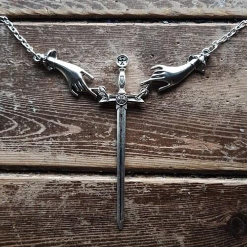 Gothic Sword Hand Necklace Charm Pendant Warrior Jewelry Dark Dagger Men Women Gift Statement Satanic Long Fashion 2021 New