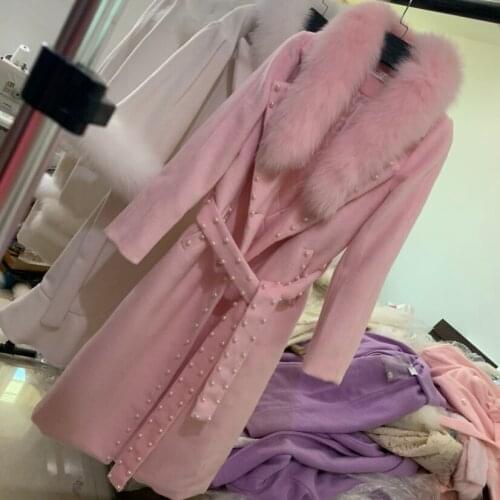 Heavy work winter Handmade beaded woolen coat women fox fur collar mid-length thick slim overcoat