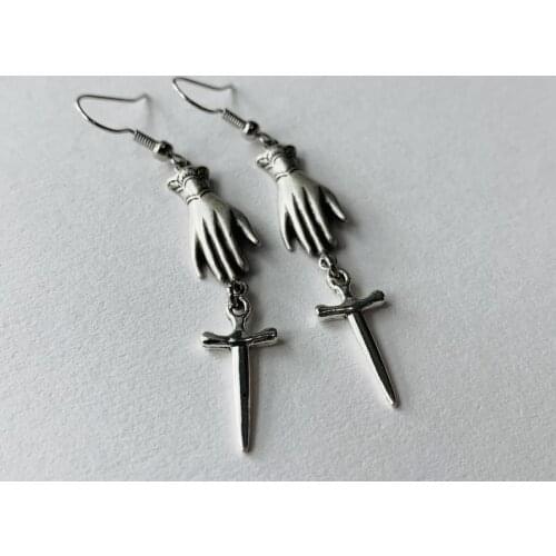 Silver Plated Witchy Victorian Hand Earrings-Occult-gothic-hands-Dagger-athame-Knife-goth-blade-lady Hands