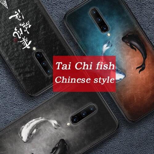 Retro PU Leather Case for Oneplus 7 Pro 3D Relief Emboss Fish Pattern Soft Silicone Anti-fall Shockproof Phone Protecive Cover