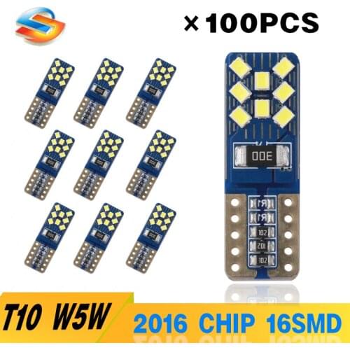 100PCS Canbus T10 W5W LED Bulbs 2016 Chip 16SMD No Error Waterproof Interior Light Instrument Dome Lamp Super Bright White DC12V