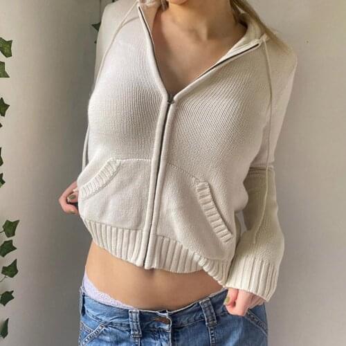 Zipper Closure Sweater Cardigan Long Sleeve Solid Color Hooded Short Type Knitted Coat Outerwear