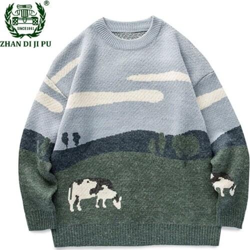 Harajuku Vintage Knitted Sweater Mens Cartoon Cow Printed Tops Streetwear Loose Casual O-Neck Cotton Pullovers Sweaters Unisex