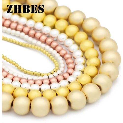 ZHBES Natural Matte Stone Gold Silvers Round Hematite 2/3/4/6/8/10mm Spacer Loose Beads For Jewelry Making DIY Bracelet Findings