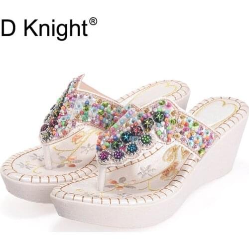New Womens Casual Platform High Heels Wedge Slippers Female Leisure Ethnic String Beaded Beach Slippers Size 35-40 Ladies Slide