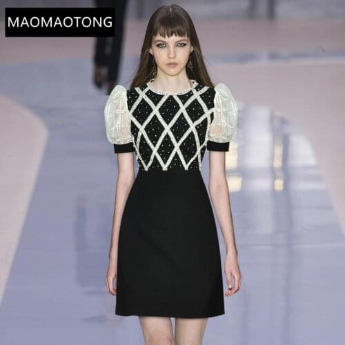 Summer Fashion Runway Black Mini Dress Womens Splicing Puff Sleeve Beading High Waist Short Party Dress Vestidos