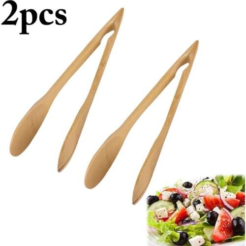 2pcs New Bamboo Cooking Kitchen Tongs Food Tool Salad Bacon Steak Bread Cake Wooden Clip Home Kitchen Tools
