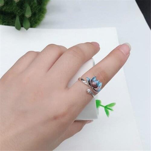 2020 New Retro blue lotus ring womens fashion open enamel epoxy ring female ring wholesale