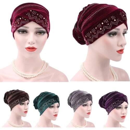 Velvet Turban Indian Headscarrf Muslim Women Hijab Chemo Cap Cancer Hat Islamic Headwear Beanie Bonnet Hair Loss Cover Headwrap