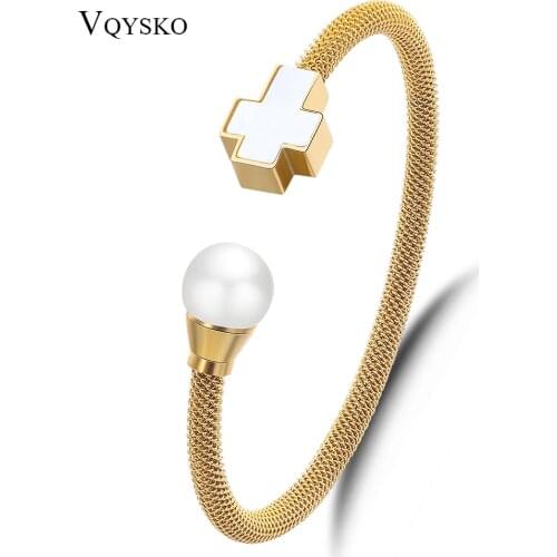 Three Color Cable Wire Bangles For Women Fashion Stainless steel Cross Charm Jewelry Bracelets Bangles With Pearl