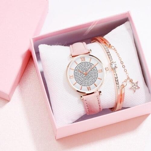 Women Watch Rhinestone Pink Ladies Watches Matte Strap Female Wristwatches Simple Roman Dial Clock Fashion Gift New montre femme