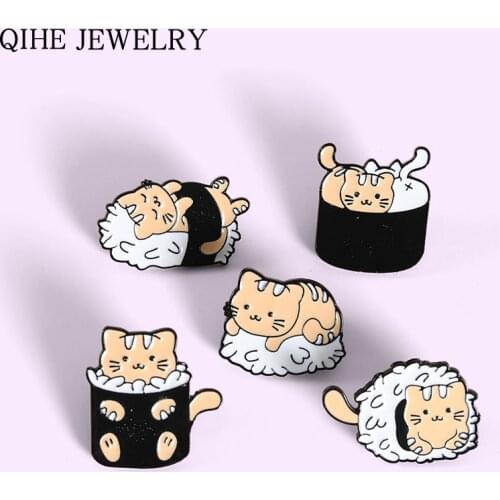 Sushi Rice Ball Cat Enamel Pins Badge Cartoon Brooches for Women Cute Animal Lapel Pin Backpacks Anime Jewelry Gift Wholesale