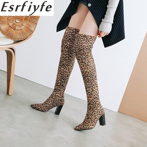 ESRFIYFE 2021 New Western Style Winter Over The Knee Boots Square High Heels Pointed Toe Women Boots Sexy Leopard Print Boots