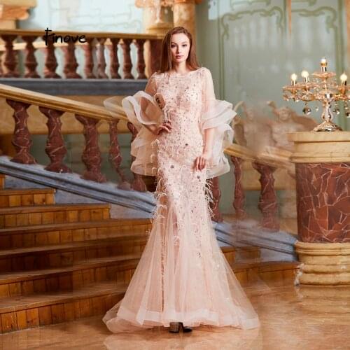 Finove New Arrivals Evening Dresses 2020 Romatic Pink Elegant Scoop Neck Floor Length Ruffles Sleeves Feathers Beaded Party Gown