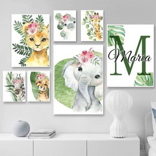 Customized Name Poster Print Baby Tiger Lion Giraffe Zebra Animals Wall Art Kid Personalized Canvas Painting For Bedroom Picture