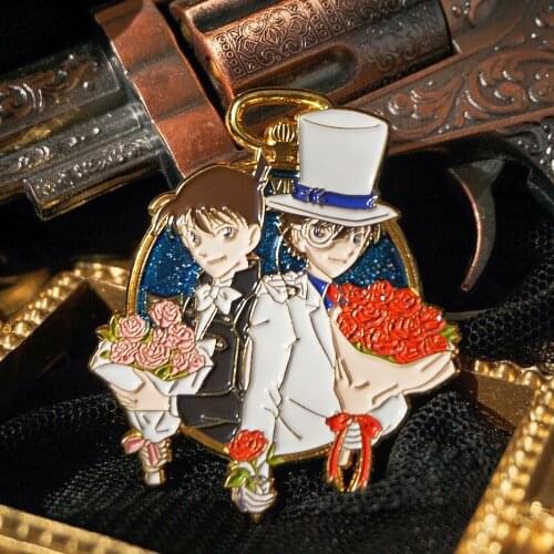 Anime Detective Conan Kudou Shinichi Kaitou Kiddo Hold Flower Metal Badge Button Brooch Pins Collection Medal Souvenir Cosplay