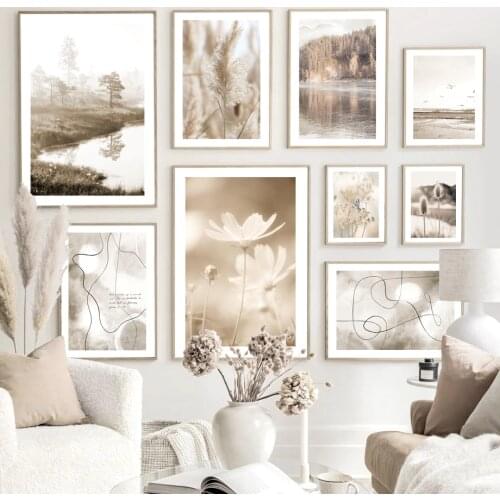 Misty Beach Lake Beige Reed Grass Abstract Line Wall Art Print Canvas Painting Nordic Poster Wall Pictures For Living Room Decor