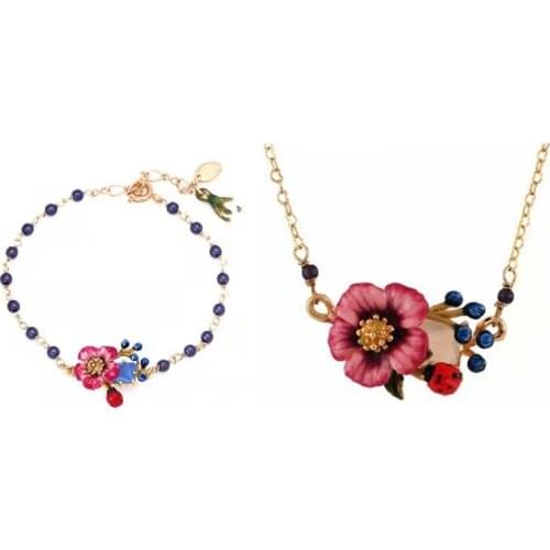 Fashion Romantic Flowers Environmentally Friendly Electroplated Gold Enamel Necklace Bracelet Two Piece Set