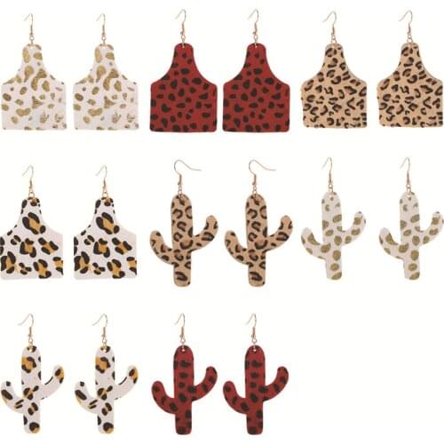 New Catcus Cow Tags Printed Leather Earrings Western Cowboy Horsehair Cow Lightweight Faux Leather Accessories