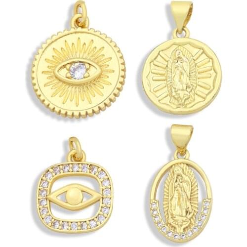 OCESRIO 18K Gold Plated Evil Eye Pendats Copper virgin mary pendants Cubic Zirconia Jewelry Making Supplies pdta411