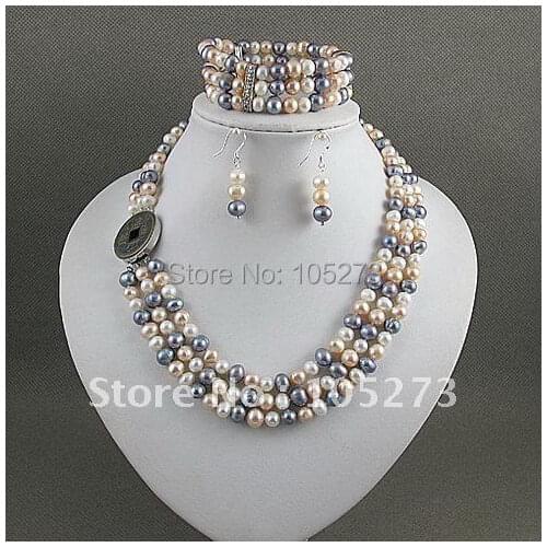Charming!jewelry set 3rows AA 6-7MM mixes color Genuine freshwater pearl necklace bracelet earring Hot sale free shipping A2392