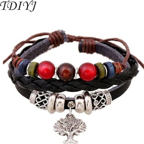 TDIYJ Hot Sale Life Tree Punk Bohemian Three Layers Genuine Leather Bracelets Adjustable Bracelet for Women Men 5Pcs/lot