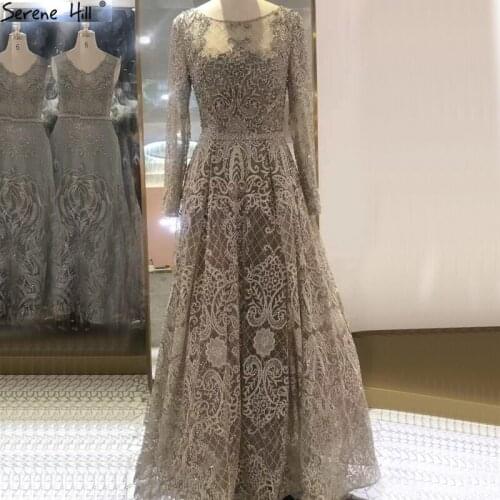 Serene Hill Pink Muslim Luxury O-Neck Evening Gowns 2020 Dubai Long Sleeves Beading Sexy Formal Dress Design LA70731