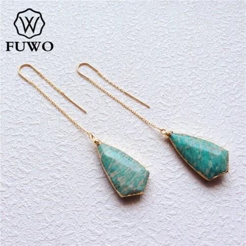 FUWO Triangle Amazonite Stone Earrings With 24K Gold Filled Minimalist Design Green Stone Threader Earrings For Women ER029