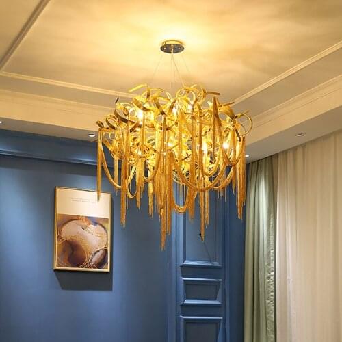 Nordic Design Gold Luster Art Pendant Lights Engineering Design Luxury Chain Tassel LED Pendant Lamp Living Room Kitchen Fixture