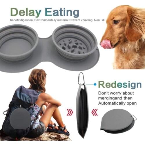 Collapsible Pet Bowl Portable Slow Feeder Dog Bowl Foldable Silicone Cat Food Water Bowl Double Mat Outdoor Travel Pet Supplies
