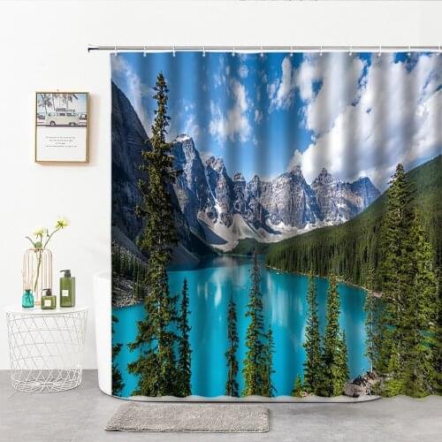 Mountain Water Green Trees Landscape Shower Curtains Fabric Hook 3D Natural Scenery Bathroom Curtain Home Decor Background Cloth