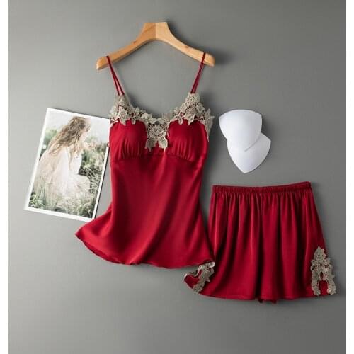 Womens Sleep Suit Sexy Lace Satin Pajamas V-Neck Nighties Pijama Home Nightwear Nightdress Top and Shorts Mujer Bedroom Set