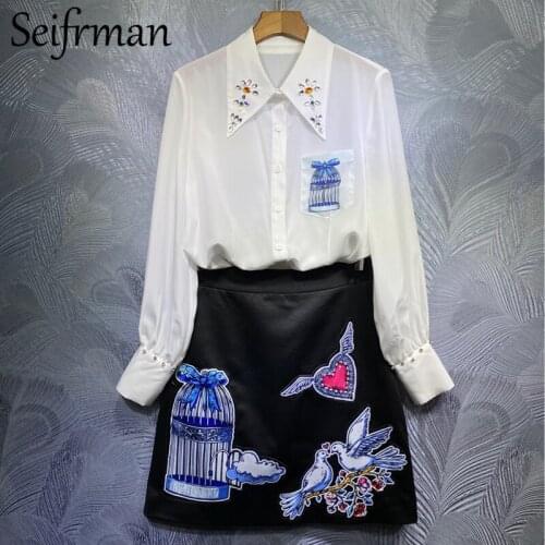 Seifrmann New 2021 Women Spring Fashion Runway Skirt Set Lantern Sleeve Loose Blouses+High Waist Midi Skirts 2 Two Pieces Suits