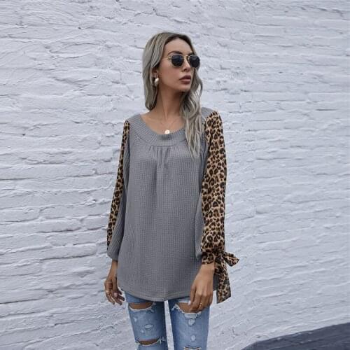 2021 Spring New Ladies Pullover Stitching Lace-Up Top Fashion Round Neck Long Sleeve Leopard Patchwork Top Crop Women Tshirt