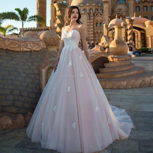 Sexy Sweetheart A Line Princess Wedding Dresses 2019 Off Shoulder Lace Appliques Pink Bridal Gowns Sleeveless Royal Bride Dress