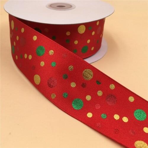 38MM 25yards Wired edge Red Ribbons with Gold and Green dots for Festival Christmas Decoration New Year Gift wrapping