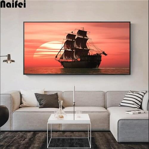 Diamond Painting Sailing Ship Boats Big Size sunset landscape Handmade crafts DIY Diamond Embroidery Mosaic Rhinestone Picture