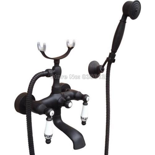 Black Oil Rubbed Bronze Wall Mounted Bathroom Dual Ceramic Handle Clawfoot Tub Faucet with Handheld Shower ttf604